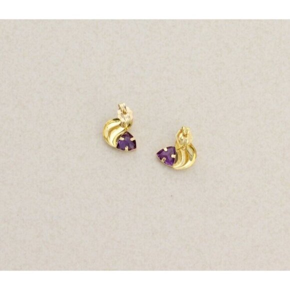 14k Yellow Gold Amethyst Earrings Stud Post - Picture 8 of 8